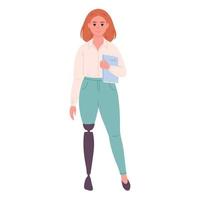 Woman with book. Woman with leg prosthesis. School teacher, librarian, business woman, office worker. vector