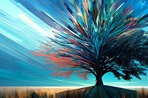 Contemporary acrylic painting fine art illustration of abstract magical colorful tree artistic print digital art. Oil painting. photo