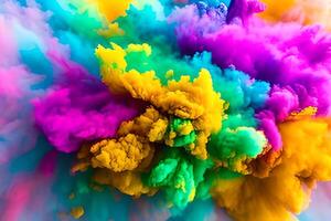 Explosion of colored powder abstract colored background. Multicolor splash of particles festival of colors powder burst exploding and splashing powder. Holy festival. photo