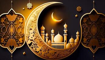 Ramadan Kareem themed, lantern islamic Mosque and crescent moon, photo