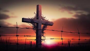 Cross of jesus christ break barrier wire on a background with dramatic lighting, colorful mountain sunset, photo