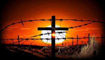 Cross of jesus christ break barrier wire on a background with dramatic lighting, colorful mountain sunset, photo