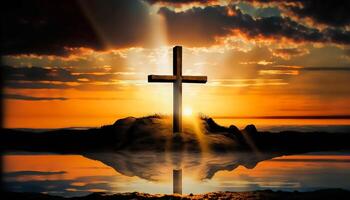 Cross of jesus christ on a background with dramatic lighting, colorful mountain sunset, photo