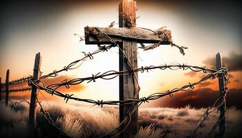 Cross of jesus christ break barrier wire on a background with dramatic lighting, colorful mountain sunset, photo