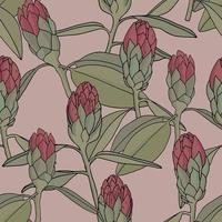 Pattern with Rhododendron Buds on blue background. Pink flower protea. vector