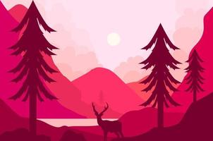 un ciervo en un bosque con montañas y un lago.paisaje ilustración vector