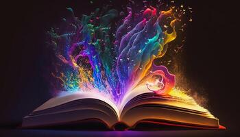 libro apertura con magia Encendiendo, sabiduría y conocimiento concepto, generativo ai foto