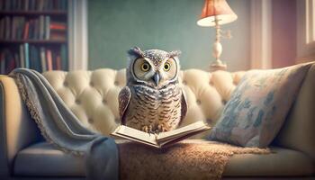 owl reading book on sofa, wisdom and knowledge concept, photo