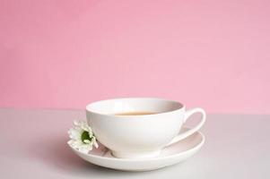 White set cup and plate with green tea stand on a pink background with chamomile flowers. Minimalism photo