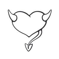 Outline doodle of devil heart with horns and tail vector