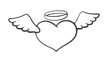 Outline doodle of angel heart with halo and wings vector