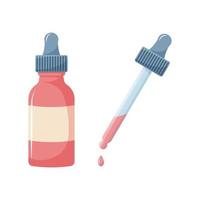 Skin care set. Pipette with drops and a bottle of facial serum. Rose oil for face massage. Vector illustration in flat style. Flat icons for design.