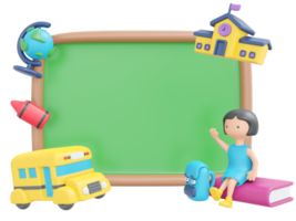 3D Rendering back to school blackboard template cartoon style. 3D Render illustration. png