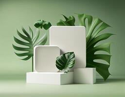 Abstract 3d podium for product presentation with geometric shapes, Empty round podium,Platforms for product presentation with shadows and light background. photo