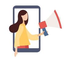 Social media influencer. Blogger with megaphone on smartphone screen. Key Opinion Leader. KOL. SMM concept. Vector flat illustration