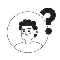 Guy feels uncertainty black and white concept vector spot illustration. Editable 2D flat monochrome cartoon character for web design. Round badge. Creative line art idea for website, mobile, blog