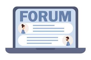 Online forum on laptop icon. Communication, dialogue, internet chat, social media, networking, group community. Vector flat illustration