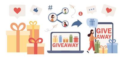 Giveaway icon set. Gift boxes. Social network promo, gift advertisement, surprise package, follower reward for like or repost concept. Vector flat illustration