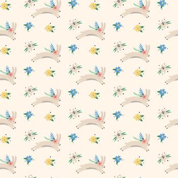 Easter spring bouncing hare with flowers pattern vector