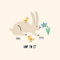 Cute rabbit and chickens sniffing spring flower daffodil vector