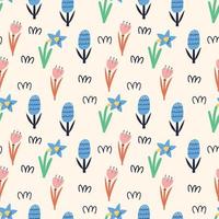Spring pattern cartoon flower daffodils, crocus, hyacinth vector