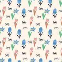 Spring pattern cartoon flower daffodils, crocus, hyacinth vector