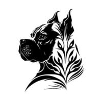Boxer dog head with tribal ornaments. Design element for pet nameplate, keychain, pyrography, poster, card, banner, emblem, sign. Monochrome vector illustration, isolated.