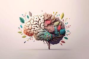 humano cerebro árbol con flores yo cuidado y mental salud concepto. creativo mente. generativo ai. foto