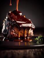 Smoked ribs served with barbecue sauce. . photo