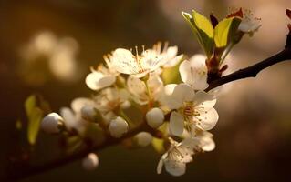 Almond tree flowers with branches and almond nut close up. Blossom season. . photo