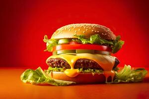 comercial foto de hamburguesa con Derretido queso y vistoso rojo antecedentes. estudio disparo. generativo ai.