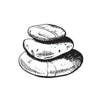 Stones pebbles balancing vector illustration. Stone Stacking Art, sketch style print. Cairn stones. Balancing and stack rocks emblem. Meditation and balance, yoga center art concept poster.