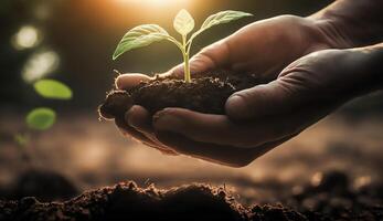 cerca arriba mano participación semilla planta plantando creciente plantas en naturaleza, generativo ai foto