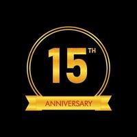 Celebrating 15 years anniversary golden label with ribbon, vector illustration
