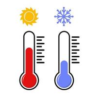 termómetro con calor y frío medición escala, con Dom y copo de nieve iconos, vector ilustración