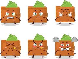 Wallet cartoon character with various angry expressions vector