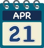 Flat icon calendar 21 of Apr. Date, day and month. Vector illustration . Blue teal green color banner. 21 Apr. 21st of Apr.