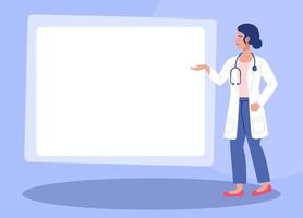 Template female doctor points and explains on a board in flat style. vector