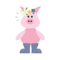 Cute cartoon pig in boots and flower wreath in flat style. Spring character. Vector illustration