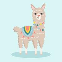 Cute cartoon llama wearing knitted blanket. Vector illustration