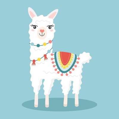 Cute cartoon llama wearing knitted blanket. Vector illustration