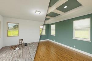 Muted Teal Before and After of Master Bedroom Showing The Unfinished and Renovation State Complete with Coffered Ceilings and Molding. photo