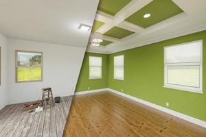 Bold Green Before and After of Master Bedroom Showing The Unfinished and Renovation State Complete with Coffered Ceilings and Molding. photo