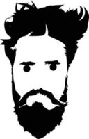 Man face with messy hair and beard, Guy face without grooming vector illustration black and white clip art