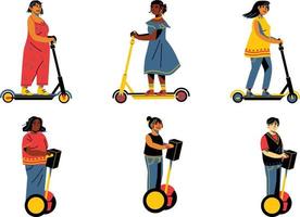 conjunto de milenario personas montando eléctrico patada scooter vector ilustración plano diseño