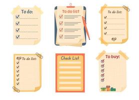 Set of planners, note paper, to do list, stickers templates.  To do list, check list, to buy list. vector