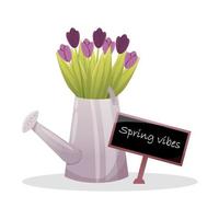 Purple tulip in the watering can on the white background vector