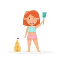 Cute girl with red hair building sand castle vector