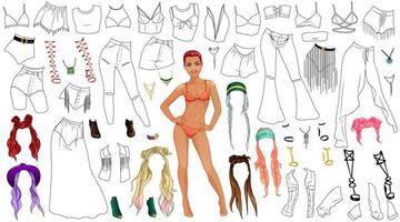 Festival Outfit Coloring Page Paper Doll with Clothes, Hairstyles and Accessories. Vector Illustration