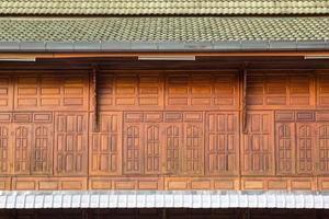 Front view of wooden window with roof tiles, facade of wooden house photo